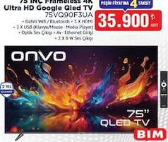 ONVO 75VQ90F3UA 75 İNÇ FRAMELESS 4K ULTRA HD GOOGLE QLED TV AKILLI TELEVİZYON fiyat ve kampanya bilgisi